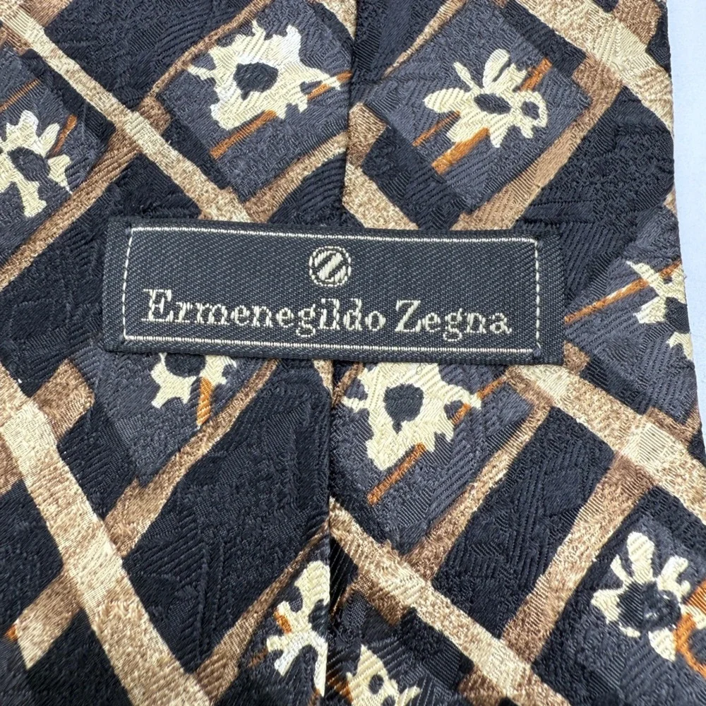 Ermenegildo‎ Zegna Silk Tie Black Gold Geometric Pattern Luxury Mens **READ